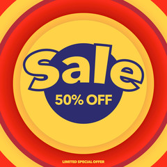 SALE 50% Off Square Banner. Cartoon Comic Style Special Offer Discount Price Tag Vector Illustration.