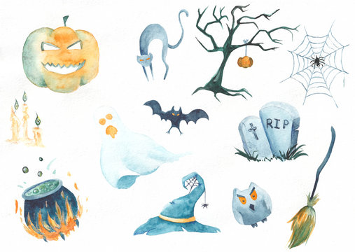 Halloween symbos collection. Cartoon style. Watercolor illustration