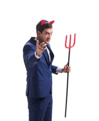 Evil devil businessman with pitchfork isolated on white backgrou