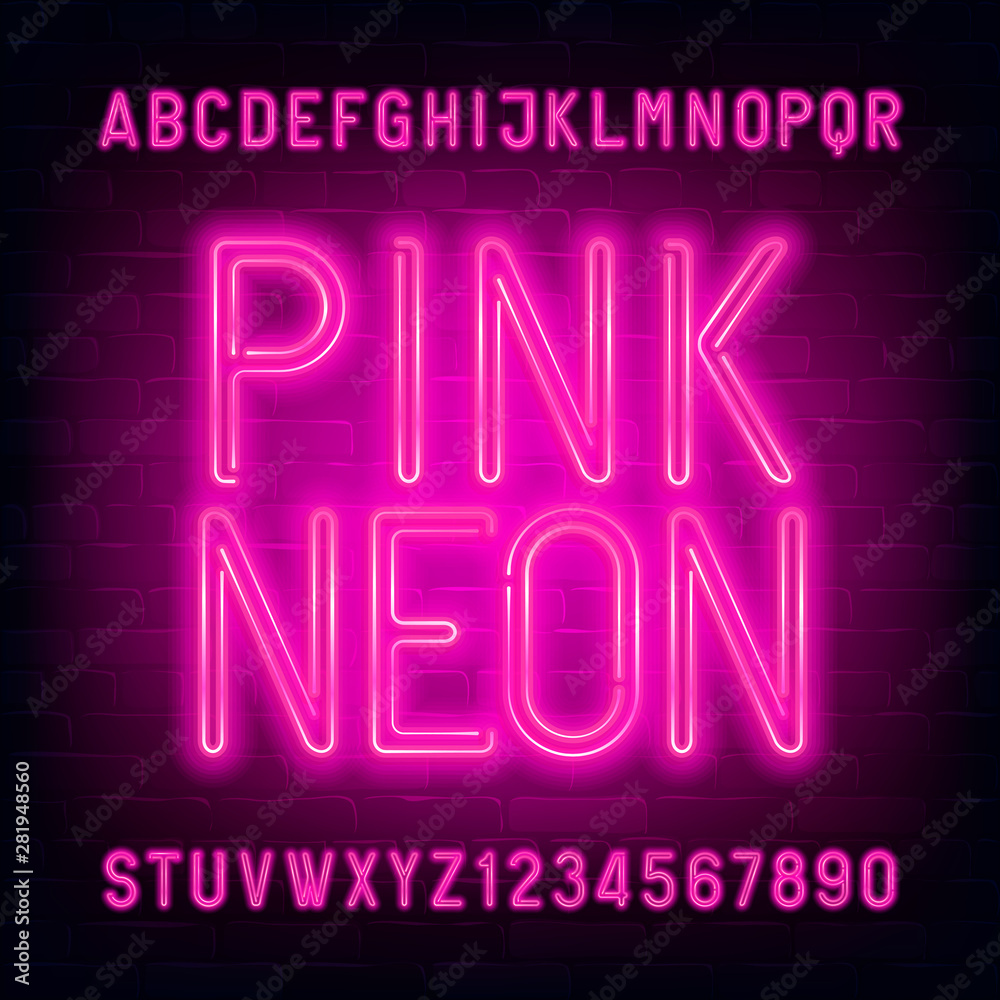 Fototapete pink neon alphabet font. light bulb letters and numbers on brick wall background. stock vector types