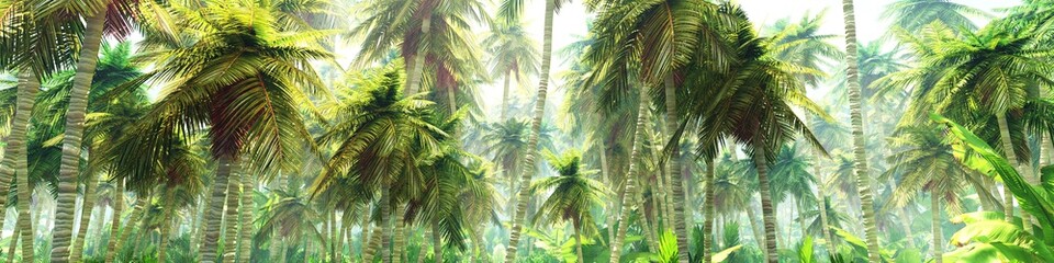 Panele Szklane  Dżungla rano we mgle, palmy we mgle, renderowanie 3D