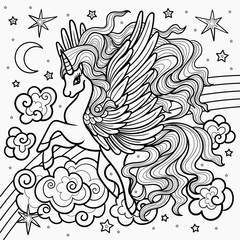 Beautiful unicorn. Illustration for coloring. Vector