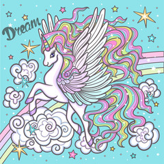 Dream. White unicorn. Vector illustration