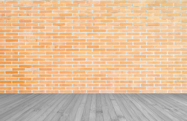 Orange-brown brick wall with wood floor in grey color background of interior decoration