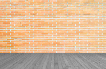Orange-brown brick wall with wood floor in grey background of interior decoration