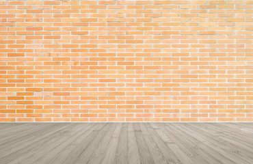 Orange-brown brick wall with wood floor background of interior decoration