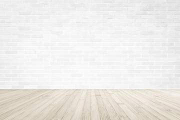 White brick wall with wooden floor textured background in sepia color