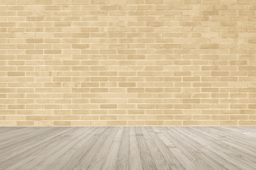 Light yellow brown brick wall with wooden floor in sepia color