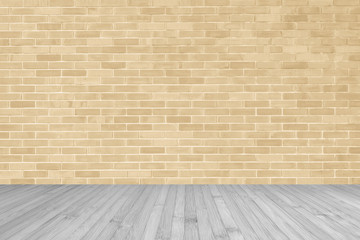 Light yellow brown brick wall with wooden floor in grey color