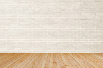 Cream brown brick wall textured background with wooden floor in yellow brown for interiors