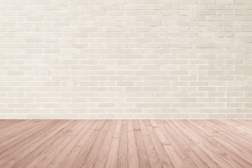 Cream brown brick wall textured background with wooden floor in red brown for interiors