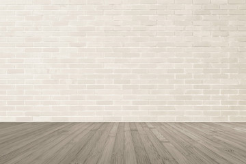 Cream brown brick wall textured background with wooden floor in sepia brown for interiors