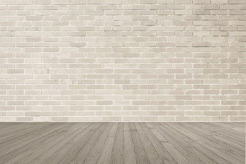 Cream brown brick wall textured background with wooden floor in sepia brown for interiors