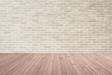 Cream brown brick wall textured background with wooden floor in red brown for interiors