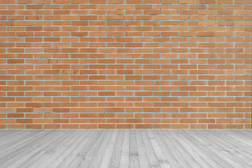 Dark orange brown brick wall texture background with wooden floor in grey
