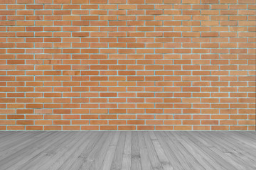 Dark orange brown brick wall texture background with wooden floor in grey