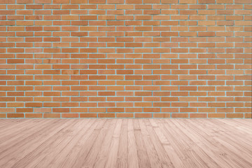 Dark orange brown brick wall texture background with wooden floor in red brown