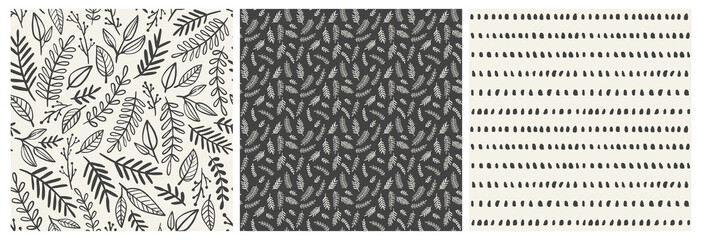 Doodle floral vector pattern set. Seamless backgrounds with hand drawn flowers, leaves, branches and dots. Graphic monochrome black and white design.