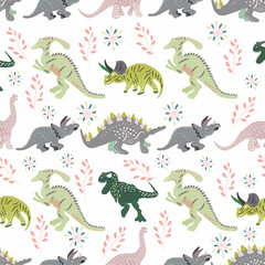 Grey and green dinosaurs hand drawn seamless pattern