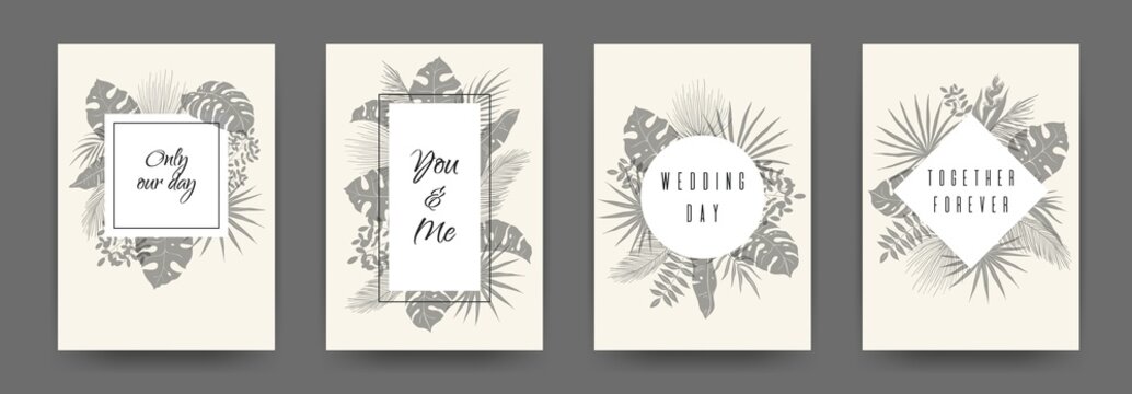 Wedding flat plant posters. Greeting or invitations card template with floral ornament. Vector image botanical frames, jungle leaves for wishes or birthday pattern