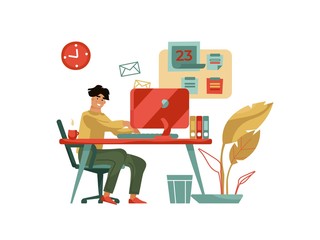 Character working at computer. Trendy modern scene with creative man professional with laptop at home or cafe. Vector cartoon happy young designer freelance