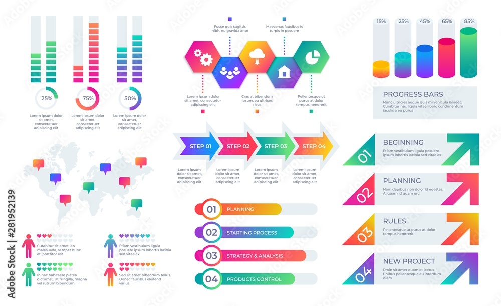 Aufkleber Chart elements. Business presentation graph layout, corporate report timeline with bars and diagrams. Vector financial infographic structures flow info set for working concept