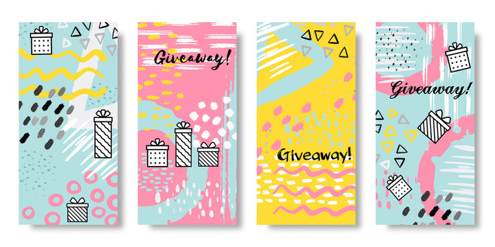 Giveaway banners. Social media sale post and give away action template, share and refer friends concept. Vector gift box banner set