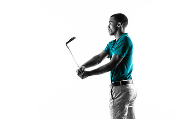 Afro American golfer player man over isolated white background