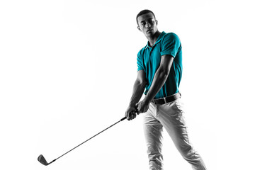 Afro American golfer player man over isolated white background