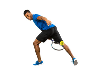 Full-length shot of African American tennis player man over isolated white background