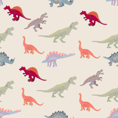 Coloured dinosaurs seamless pattern on light beige background