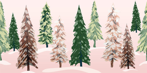 Snowy winter trees repeating banner. Beautiful textured pine, spruce and fir tree glade with soft pink morning light on freshly fallen snow. Beautiful as a Christmas border or decorative ribbon.