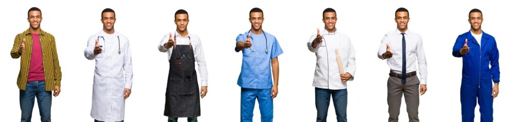Set of doctor, barber and businessman shaking hands for closing a good deal
