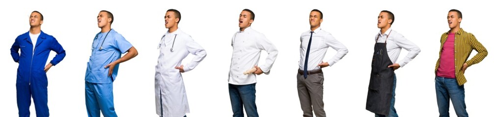 Fototapeta premium Set of doctor, barber and businessman suffering from backache for having made an effort