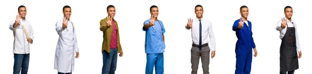 Set of doctor, barber and businessman happy and counting three with fingers