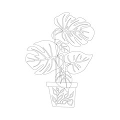 Philodendron plant pot in black outline on white background