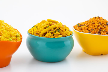 Indian Traditional Namkeen Food on White Background