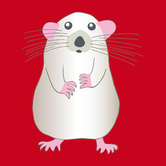 Greedy white metal rat on red background.