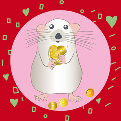 Cute white metal rat with gold coins. Red background.