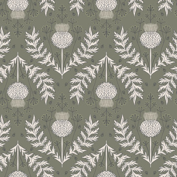 Cardoon thistle and dill flower seamless repeat vector pattern swatch.  Botanical Damask.  Faded flat colors.