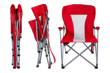folding red chair for camping or fishing, three options, on a white background