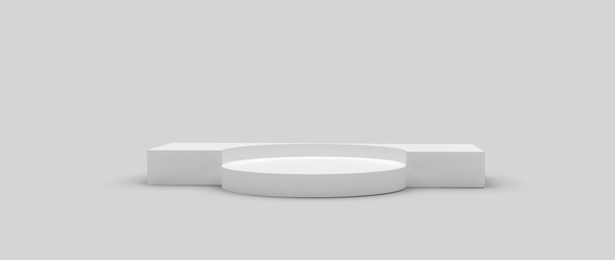 Render tridimensional de podio con diferentes niveles para presentación de producto con diferentes materiales coloridos  y texturas. Ilustración 3d