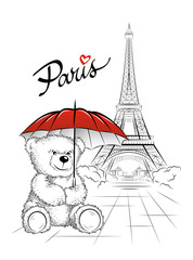 Postcard with Teddy bear and Eiffel tower from Paris, France. Vector illustration