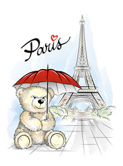Postcard with Teddy bear and Eiffel tower from Paris, France. Vector illustration