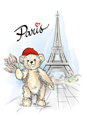 Postcard with Teddy bear and Eiffel tower from Paris, France. Vector illustration