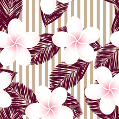Colored striped vector tropical seamless pattern. Plumeria, frangipani. Exotic vector beach wallpaper seamless pattern.