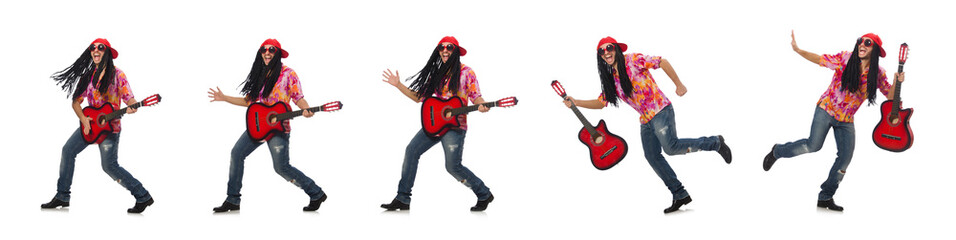 Fototapeta premium Male musician with guitar isolated on white