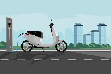 Electric scooter with charging station on a city street. Vector illustration © scharfsinn86