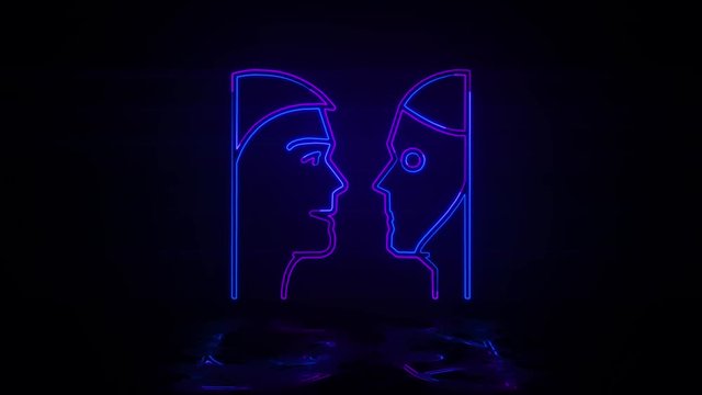 Human and robot talking in neon effect mp4 video on dark background