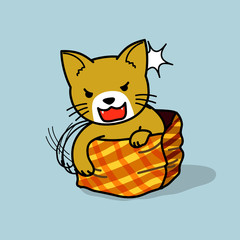 Cranky yellow cat in a stripy paperbag